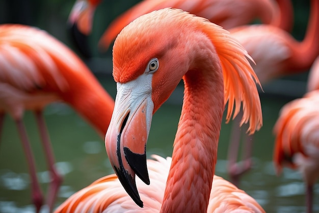 Foto close-up van een rode flamingo met een wazige achtergrond