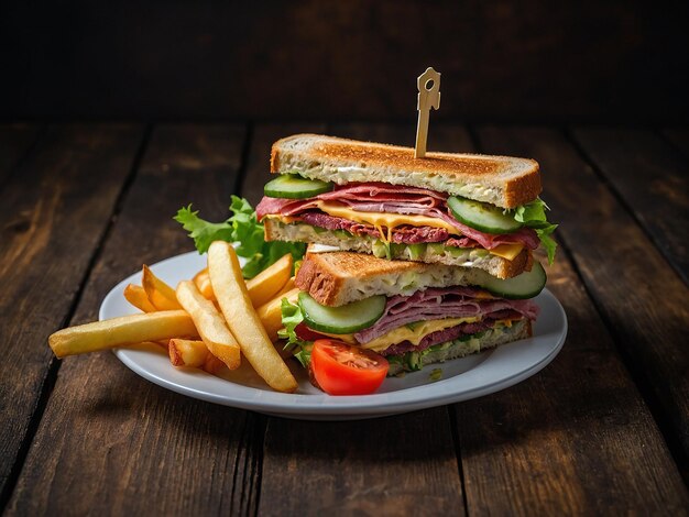 Foto club sandwich met kaas komkommer tomaten gerookt vlees en salami geserveerd met friet