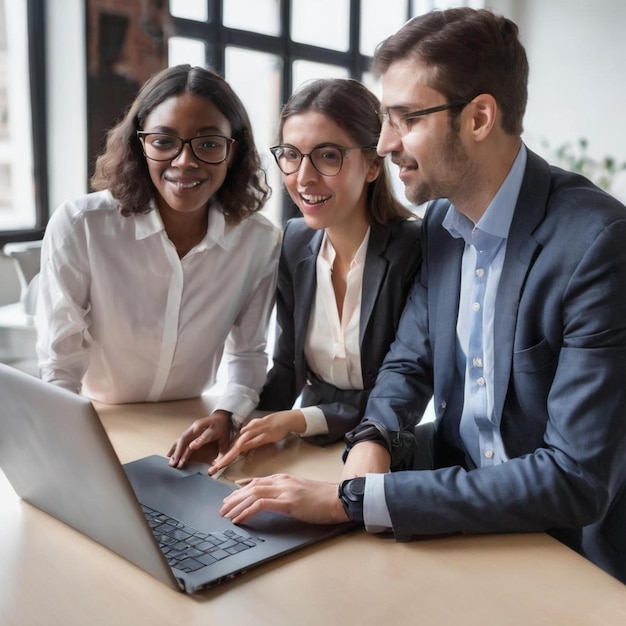 Foto collega's bespreken hun werk op een laptop