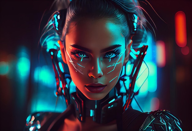 Foto cyberpunk vrouw portret futuristische neonstijl Genereer Ai