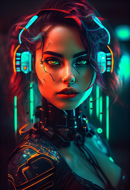 Foto cyberpunk vrouw portret futuristische neonstijl Genereer Ai