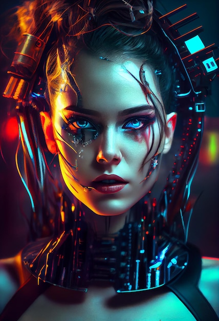 Foto cyberpunk vrouw portret futuristische neonstijl Genereer Ai