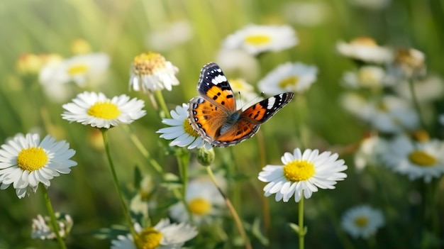 Foto de geeloranje vlinder zit op de witroze bloemen in de groene grasvelden gegenereerd ai