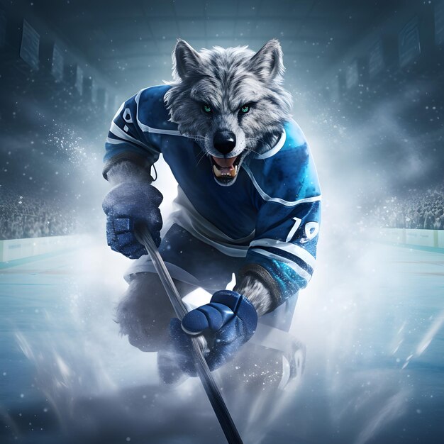 Foto foto de hombre lobo antropomrfico jugando hockey sobre hielo