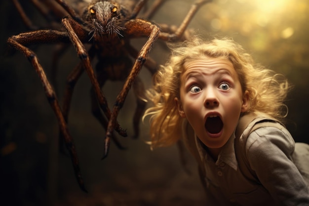 Foto die de verschrikking van een meisje weergeeft wanneer ze geconfronteerd wordt met een spin die het concept van arachnofobie benadrukt