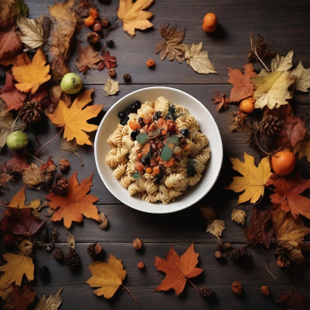 Foto direct boven opname van voedsel met herfstbladeren op tafel