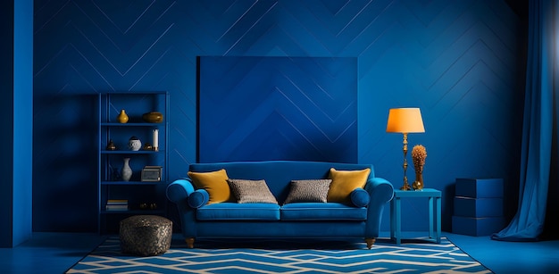 Foto donkere bluepant kamer Blauwe bank en lamp op chevronpatroonvloer generatieve ai