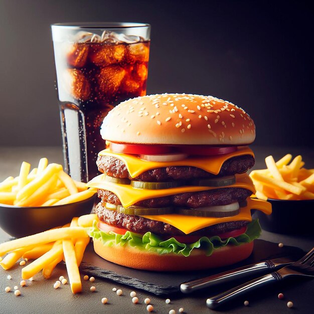 Foto drievoudige vlees hamburger met friet en frisdrank