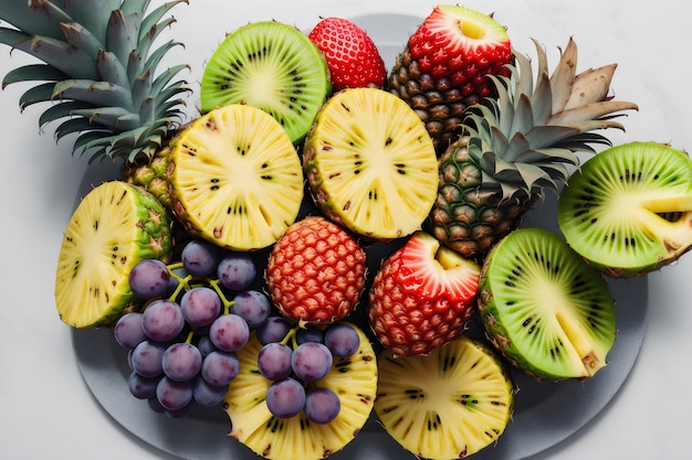 foto druiven aardbeien ananas kiwi abrikoos banaan en hele ananas