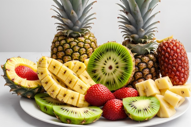 foto druiven aardbeien ananas kiwi abrikoos banaan en hele ananas