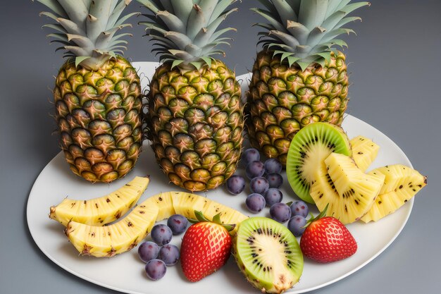 foto druiven aardbeien ananas kiwi abrikoos banaan en hele ananas