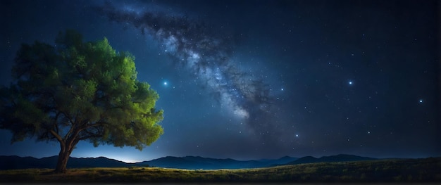 Foto echt als Starlit Canopy Staren in de kosmos onder een canopy van nachtelijke hemel sterren in de natuur en l