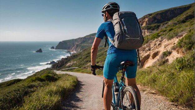 Foto echt met reisthema voor Coastal Cyclist Concept als een fietser met een rugzak die langs een