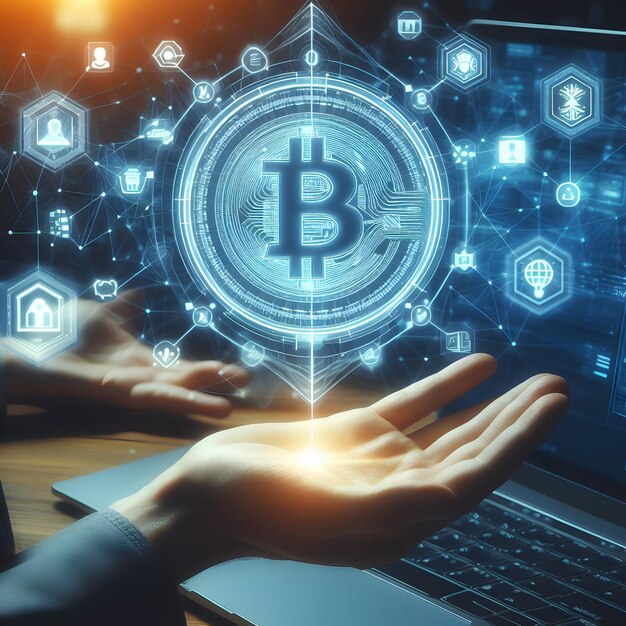 Foto echt voor Blockchain Technology Icon op cryptografische achtergrond in digitale innovatie abstract