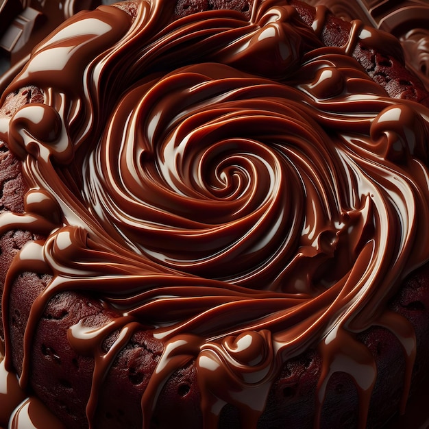 Foto echt voor Focus op de ingewikkelde wervelingen van chocolade in een gesmolten lava taart Close-up opnames ca