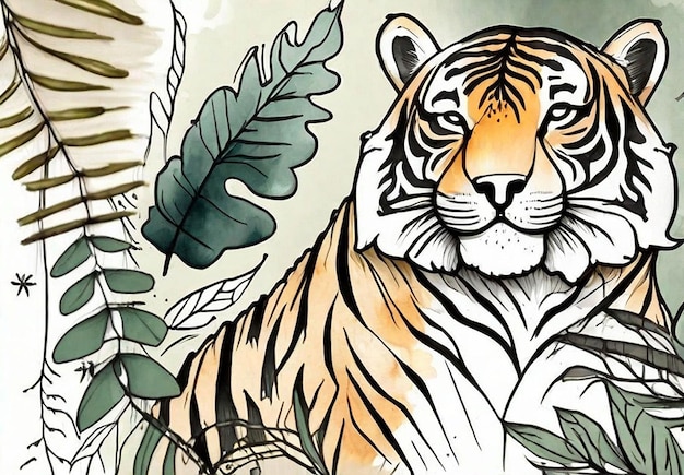Foto echte aquarel tijger met bos achtergrond