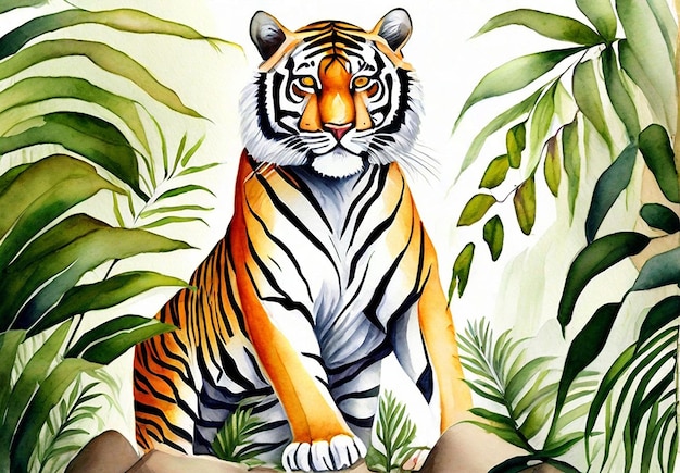 Foto echte aquarel tijger met bos achtergrond