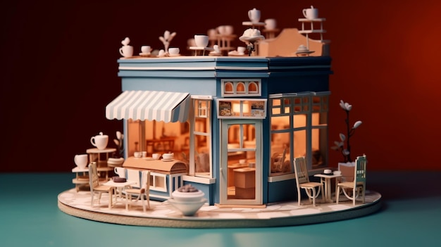 Foto een 3D-model coffeeshop blauwe en fancy papierkunst generatieve ai