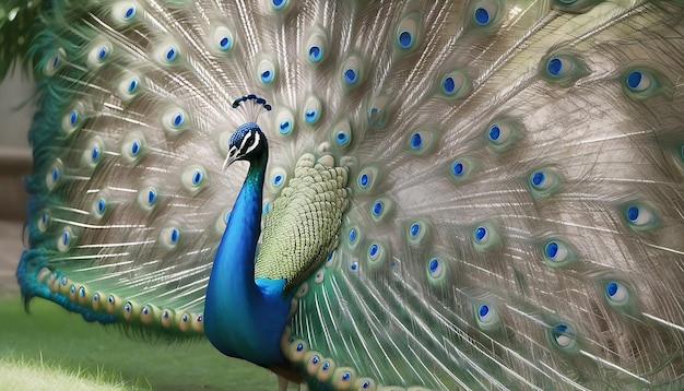 Foto een blauwe pauw bevindt zich op het grondgebied van de dierentuin loopt in de schaduw onder de kronen