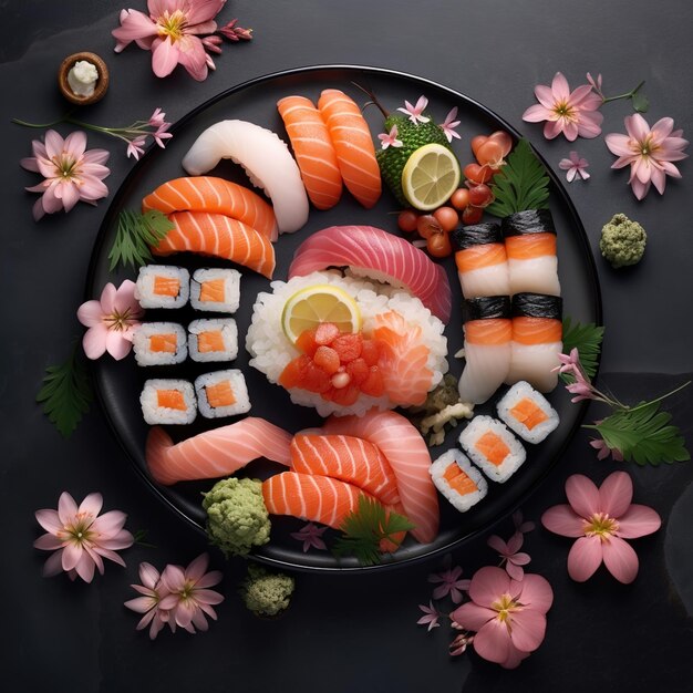 Foto een bord sushi en sushi met bloemen en bladeren erop