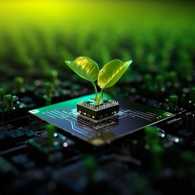 Foto een computerchip met een groene spruit met behulp van generatieve ai-technologieën een organische digitale backgr