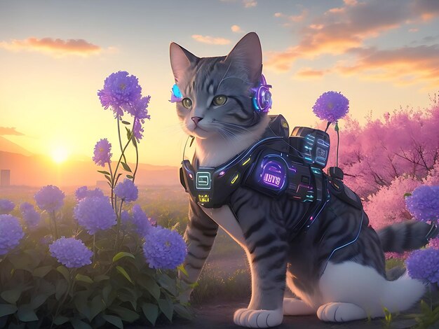 foto een cyberkat met elektro bloemen bij zonsopgang generatieve AI