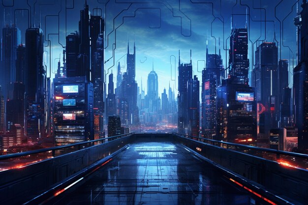 Foto foto een digitaal schilderij van een stadsbeeld met een blauw scherm waarop staat cyberpunk