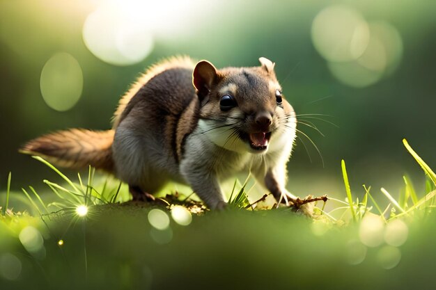 Foto een eekhoorn in een bos met zon die door de bomen schijnt