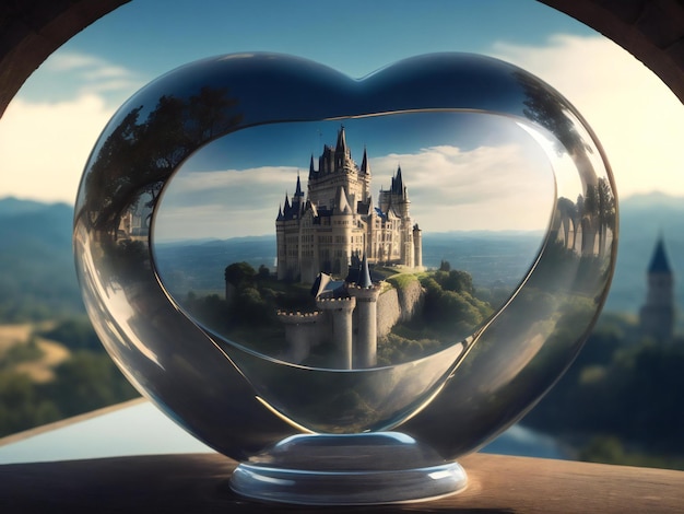 Foto een glazen bol met een kasteel erin en een hartvormig raam ai gegenereerd