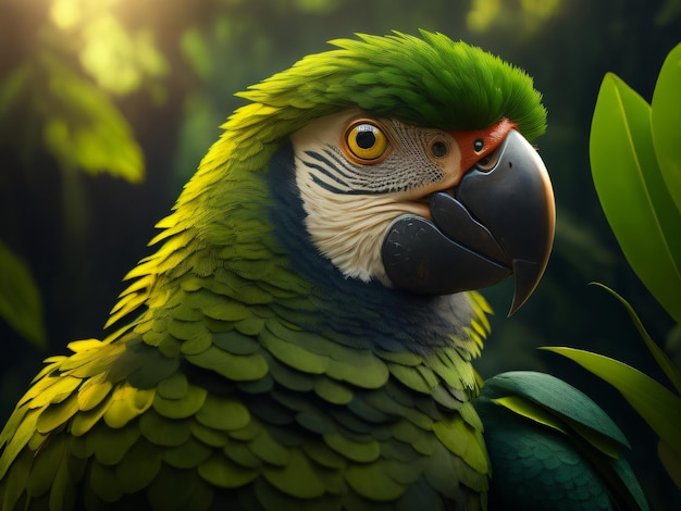 Foto een groene ara papegaai met een DSLR-camera in de groene jungle met groene veren