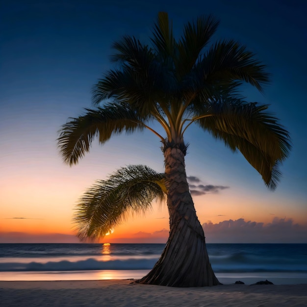 Foto Een grote palmboom op een strand met daarachter de ondergaande zon