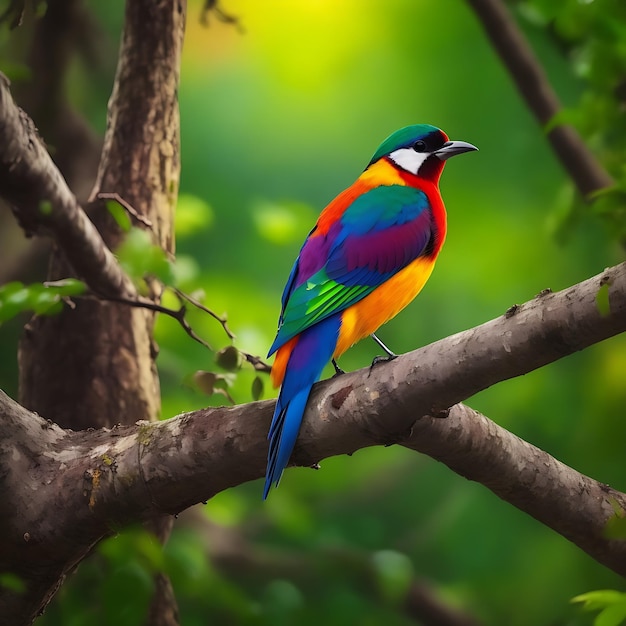 Foto een kleurrijke vogel zit op een tak in het gegenereerde bos
