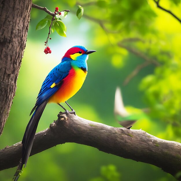 Foto een kleurrijke vogel zit op een tak in het gegenereerde bos