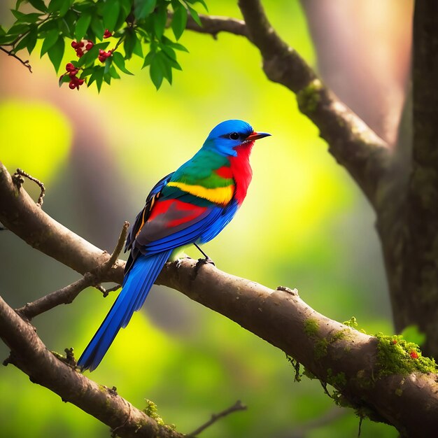 Foto een kleurrijke vogel zit op een tak in het gegenereerde bos
