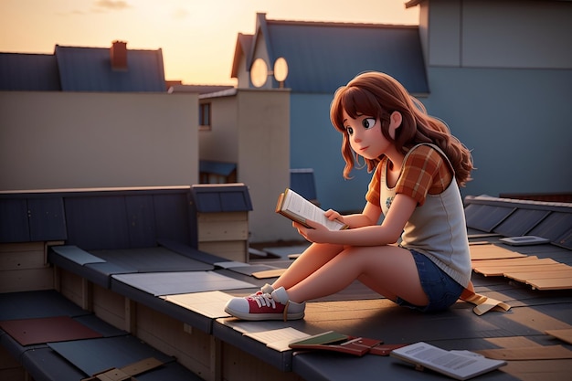 Foto een meisje dat op een dak zit en een boek leest
