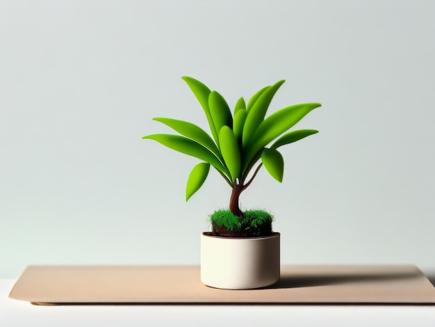 Foto foto een miniatuur mooie plant in een pot op een witte tafel met witte achtergrond
