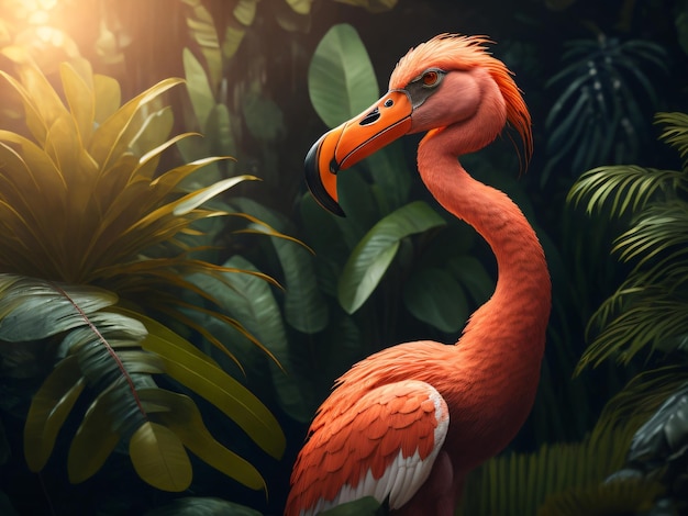 Foto een mooi roze Flamingo-vogeldier met een DSLR-camera die in een jungle staat