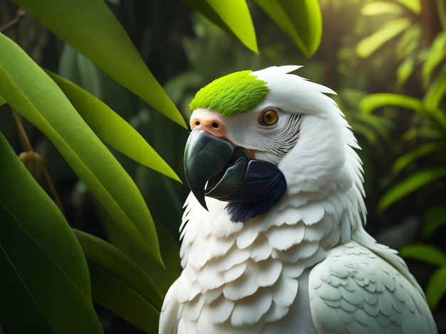 Foto een mooie en schattige witte ara papegaai zit in een groene jungle