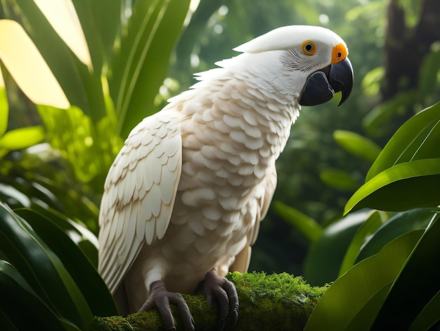 Foto een mooie en schattige witte ara papegaai zit in een groene jungle