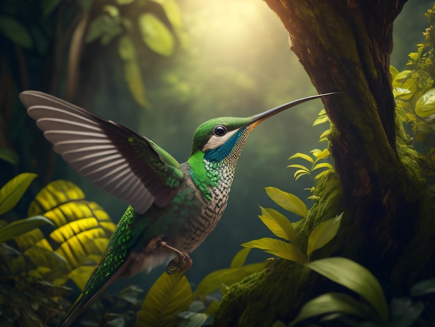 Foto een mooie fantasiekolibrie die in een jungle vliegt met een jungle-achtergrond