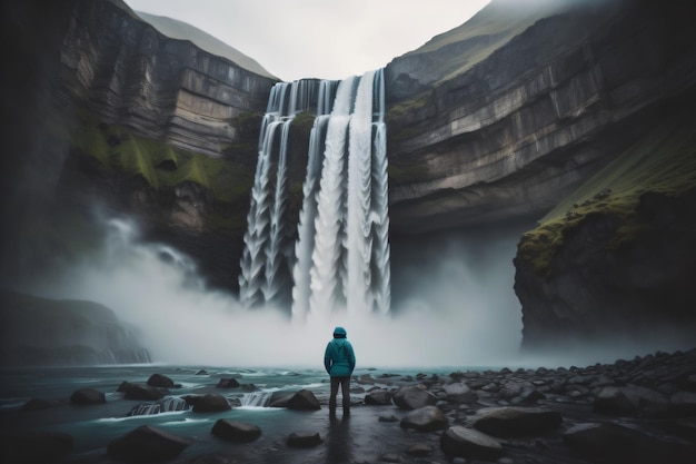 Foto een persoon die voor een bergwatervalbehang staat met generatieve ai