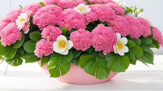 Foto een roze bloempot vol roze en witte kunstbloemen