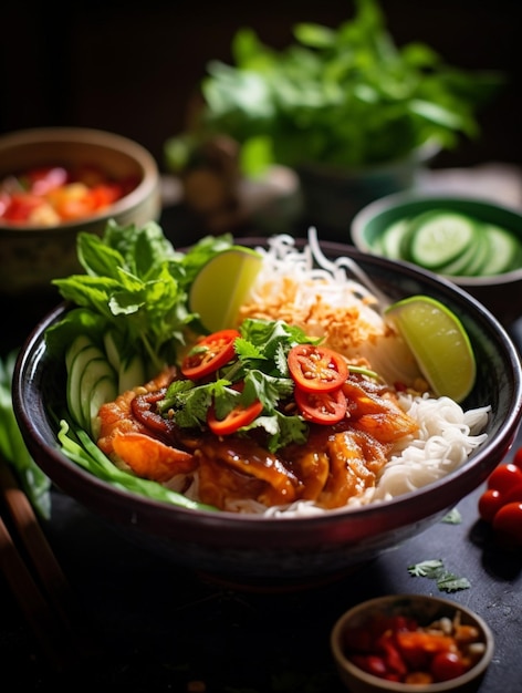 Foto een schaal vegetarische vermicelli met cilantro citroen chili