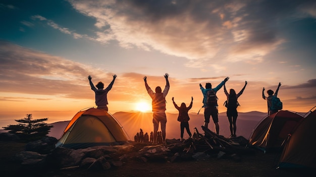 Foto een silhouet van groep mensen die plezier hebben op het strand