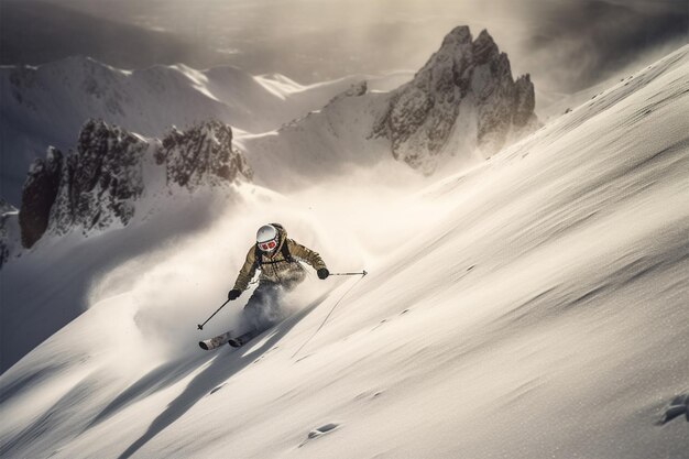 foto een skiër skiet op een besneeuwde helling