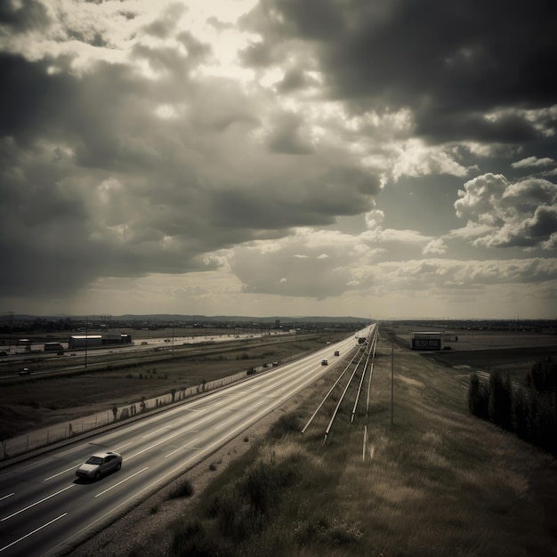 FOTO Een snelweg met een bewolkte lucht en een weg waarop auto's rijden