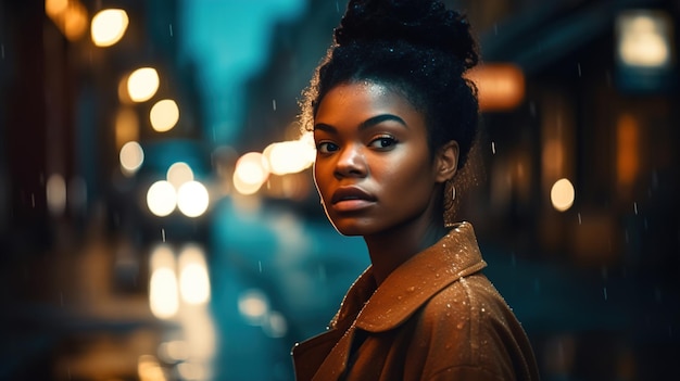 Foto een vrouw staat in de regen voor een straatlantaarn