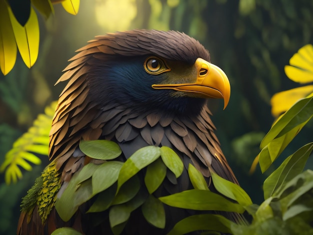 Foto een wilde adelaar close-up geschoten in de donkergroene jungle met een natuurlijke uitstraling