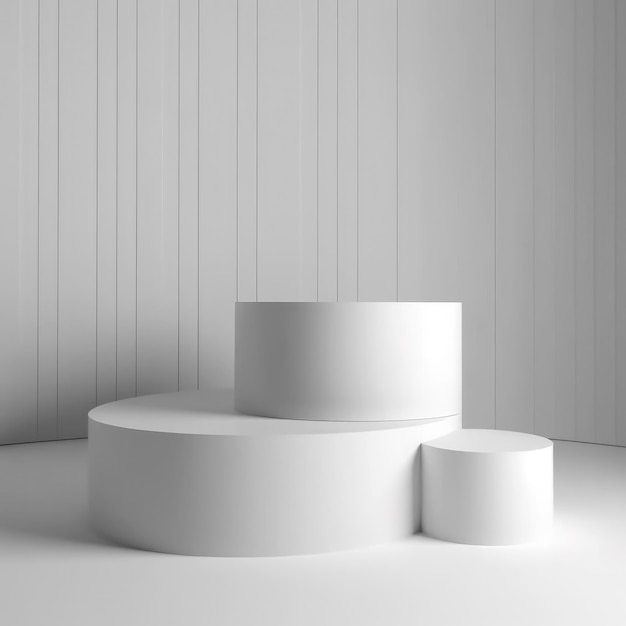 FOTO Een wit podium met drie kleine ronde sokkels in een witte ruimte