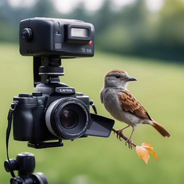 Foto er is een vogel zit op een camera met een blad generatieve